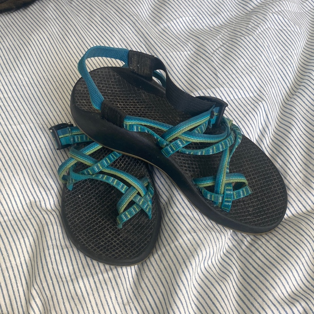 Blue and green chacos